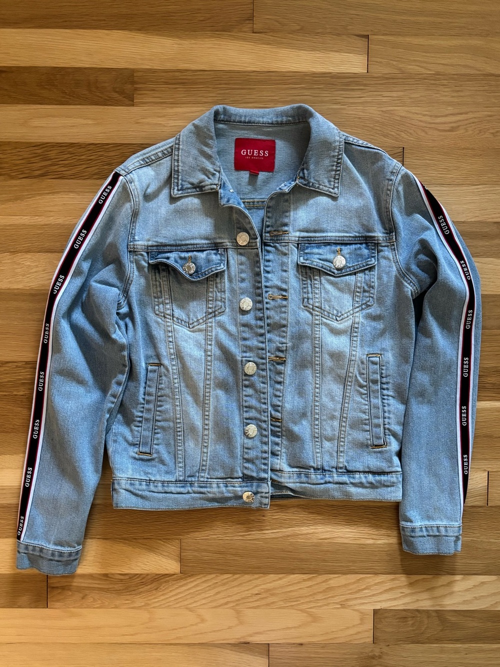 GUESS - Light Blue Denim Jacket with Branded Sleeve Stripes - y2k - S